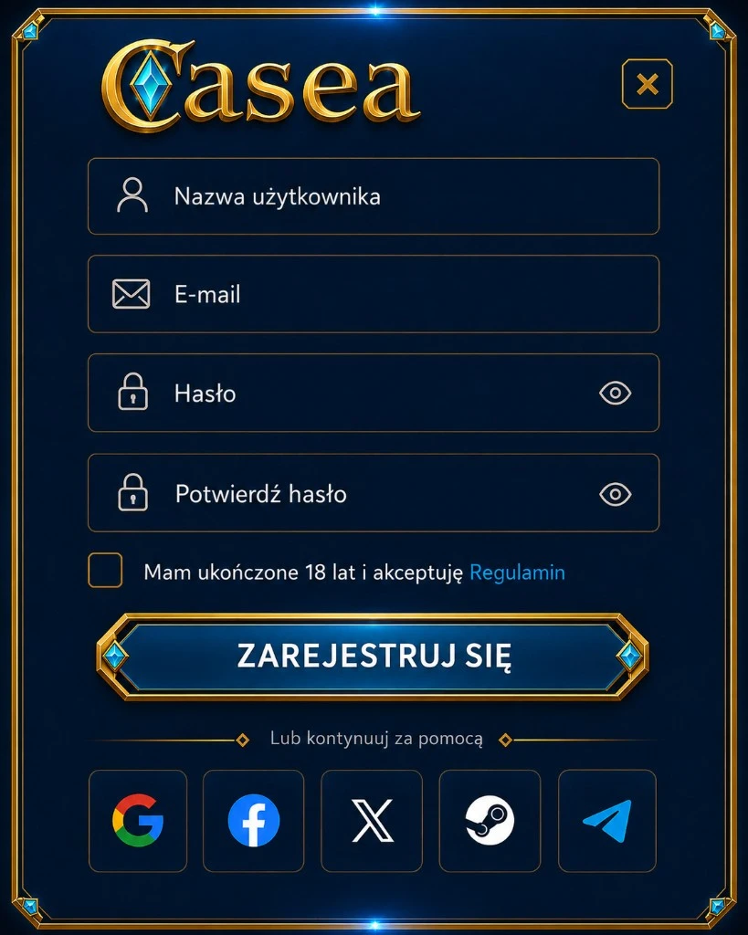 Formularz logowania z loginem, adresem e-mail, hasłem i opcją konta społecznościowego.